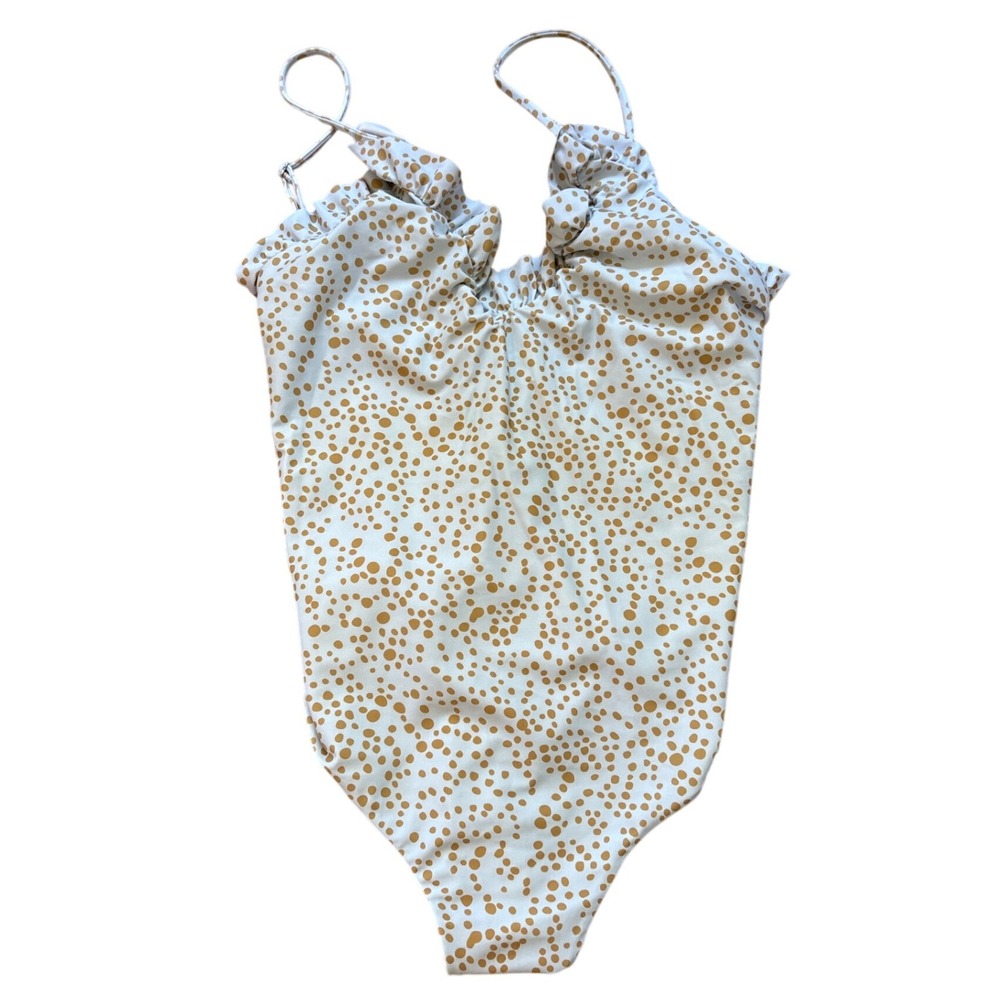 Citrine One Piece Swimsuit Women White‎ Tan Polka Dot Ruffle Excellent SIZE L